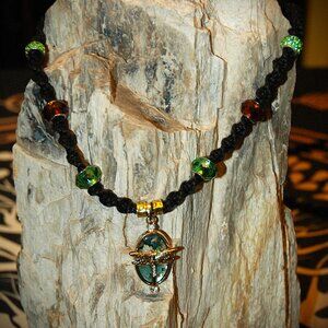 Abalone & Rhinestone Gold-toned Dragonfly on 19 1/2" Black Handmade Hemp Chain